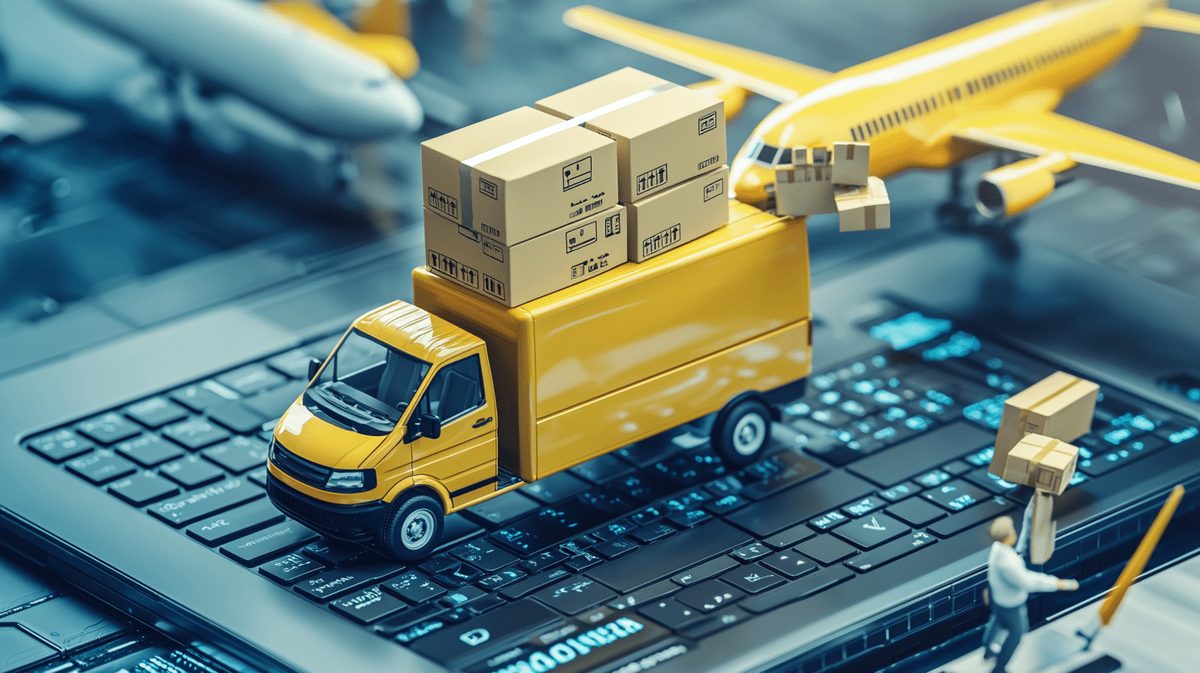 Colis chargés sur un camion de livraison, transport aérien en arrière-plan